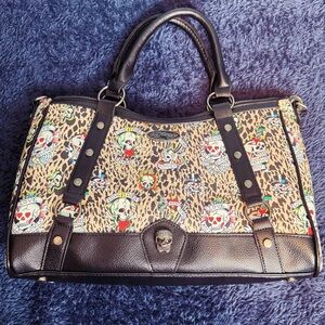 Ed Hardy Leopard Print rhinestone purse- tan and Black